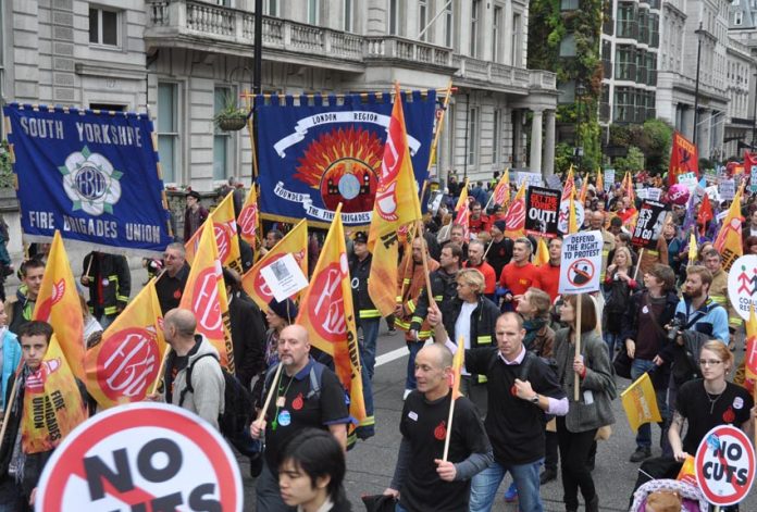 Firefighters on the October 20 TUC march against cuts – more cuts are expected to be announced today