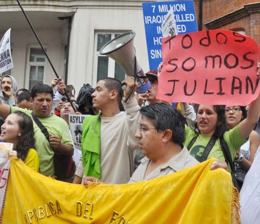 ‘We are all Julian’ shout demonstrators outside the Ecuadorian embassy in London on August 18 when President Corea granted Assange political asylum to avoid extradition to the US