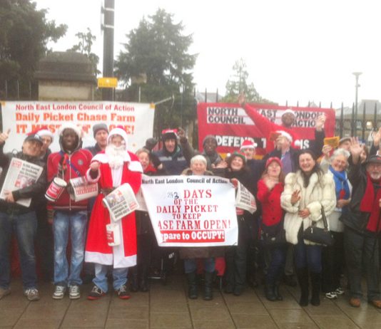 A strong and cheerful mass picket at Chase Farm Hospital on Christmas Eve morning – more than ready to occupy the hospital in the event of closure