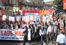 The front of last September’s 10,000-strong march from Southall to Ealing to defend the NHS and demanding that Ealing Hospital be kept open