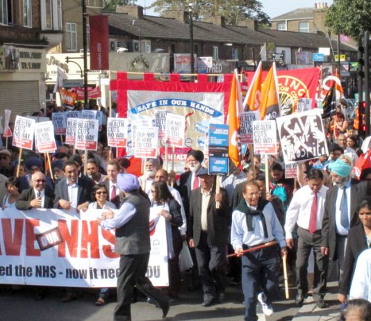 The front of last September’s 10,000-strong march from Southall to Ealing to defend the NHS and demanding that Ealing Hospital be kept open