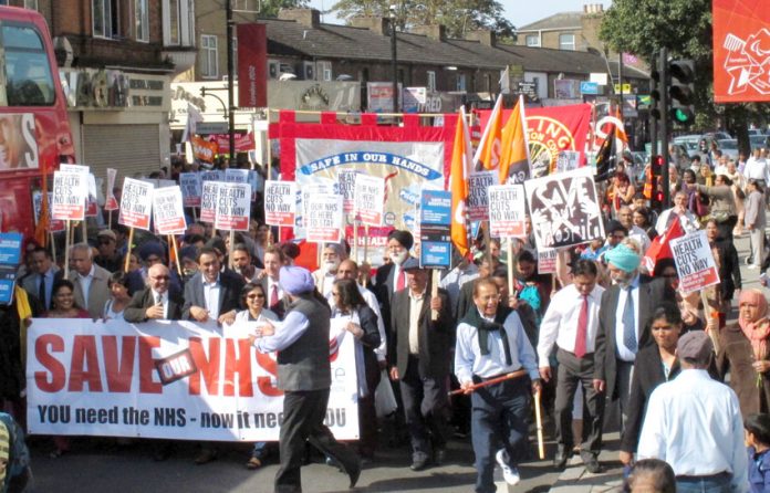 The front of last September’s 10,000-strong march from Southall to Ealing to defend the NHS and demanding that Ealing Hospital be kept open