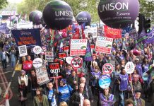 Unison members demand ‘No NHS cuts or privatisation’ on the TUC 500,000-strong demonstration in London last October