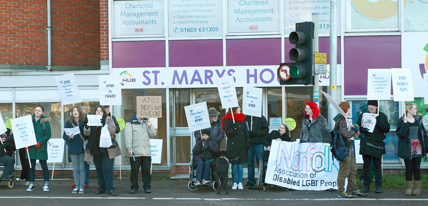 Demonstration outside the Norwich offices of ATOS demanding the scrapping of the Work Capability Assessments