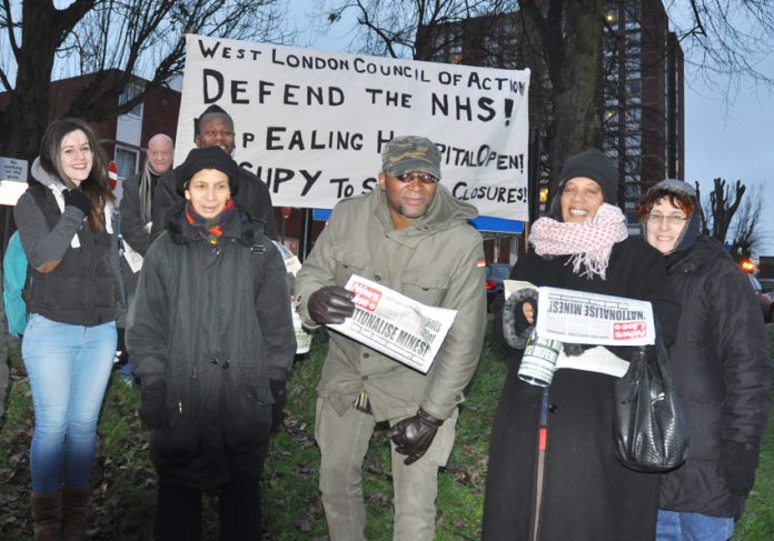 West London Council of Action picket of Ealing Hospital early yesterday morning – they are determined to keep it open and defeat the policies of the Coalition