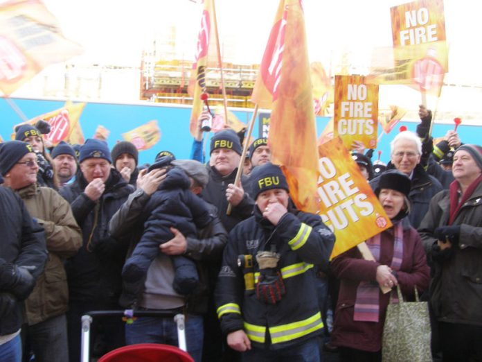 500 angry firefighters lobbied against fire station closures outside the Fire Brigade headquarters in Southwark yesterday