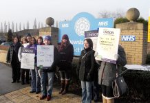 The picket line at Dewsbury District Hospital yesterday morning. The workers are determined to defeat management attacks