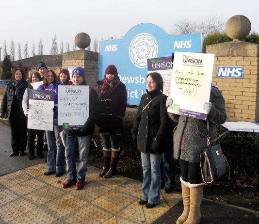The picket line at Dewsbury District Hospital yesterday morning. The workers are determined to defeat management attacks