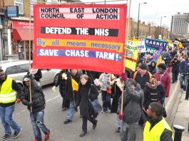 The front of Saturday’s 1,000-strong North East London Council of Action demonstration in Enfield against the closure of Chase Farm Hospital