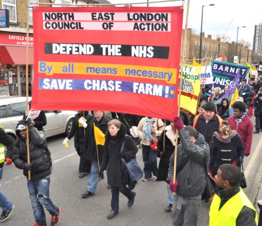 The front of Saturday’s 1,000-strong North East London Council of Action demonstration in Enfield against the closure of Chase Farm Hospital