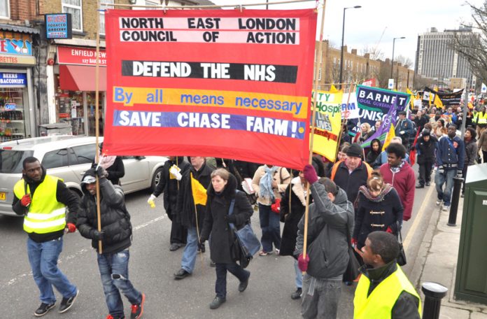 The front of Saturday’s 1,000-strong North East London Council of Action demonstration in Enfield against the closure of Chase Farm Hospital