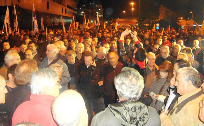 A section of the rally on Tuesday night in the port of Piraeus