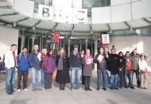 NUJ General Secretary MICHELLE STANISTREET (6th from left) on the picket line at Broadcasting House, central London, yesterday told News Line ‘It’s a brilliant, solid turnout’