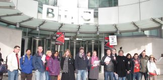 NUJ General Secretary MICHELLE STANISTREET (6th from left) on the picket line at Broadcasting House, central London, yesterday told News Line ‘It’s a brilliant, solid turnout’