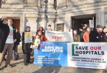 Tuesday morning outside Westminster Central Hall demonstrators urged the PCT meeting ‘don’t close our hospitals’ – the PCT board however agreed to do the dirty work for the Tories