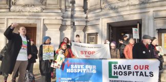 Tuesday morning outside Westminster Central Hall demonstrators urged the PCT meeting ‘don’t close our hospitals’ – the PCT board however agreed to do the dirty work for the Tories