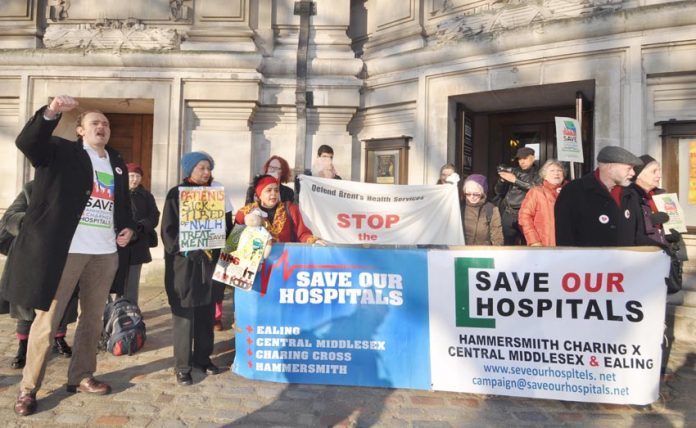 Tuesday morning outside Westminster Central Hall demonstrators urged the PCT meeting ‘don’t close our hospitals’ – the PCT board however agreed to do the dirty work for the Tories