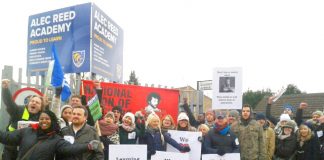 A strong picket line of NUT and NASUWT members and parents outside the Alec Reed Academy in Northolt yesterday morning