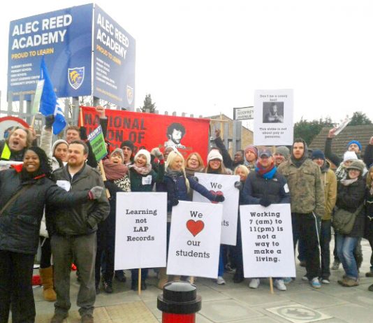 A strong picket line of NUT and NASUWT members and parents outside the Alec Reed Academy in Northolt yesterday morning