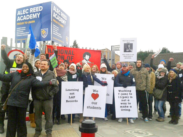 A strong picket line of NUT and NASUWT members and parents outside the Alec Reed Academy in Northolt yesterday morning