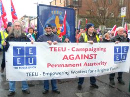 TEEU banner on the 100,000-strong march in Dublin on February 9th against paying for the crisis of the banks