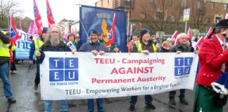 TEEU banner on the 100,000-strong march in Dublin on February 9th against paying for the crisis of the banks
