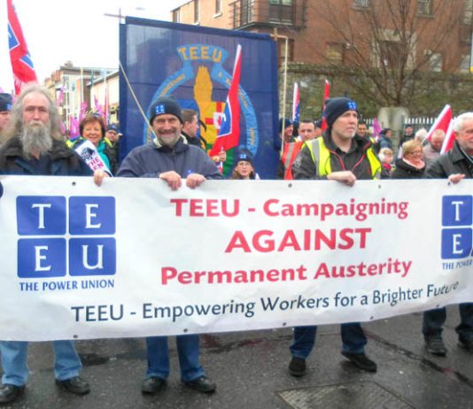 TEEU banner on the 100,000-strong march in Dublin on February 9th against paying for the crisis of the banks