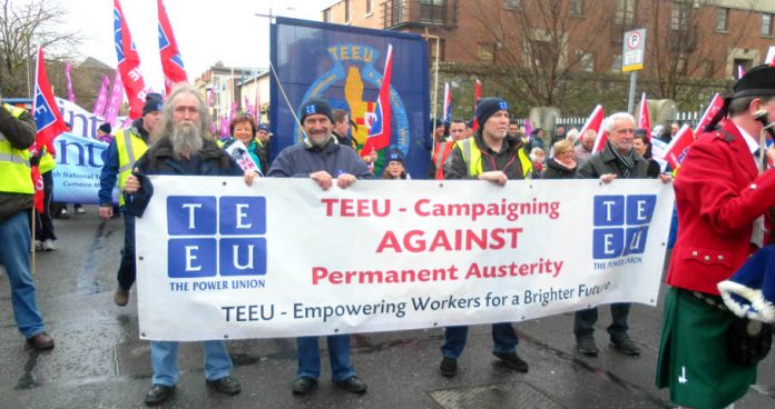 TEEU banner on the 100,000-strong march in Dublin on February 9th against paying for the crisis of the banks