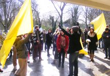 Students, teachers and staff holding a ‘noise demonstration’ during yesterday’s march against privatisation