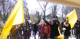 Students, teachers and staff holding a ‘noise demonstration’ during yesterday’s march against privatisation