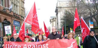 Unite banner on the 100,000-strong demonstration in Dublin on February 9th against the government’s austerity