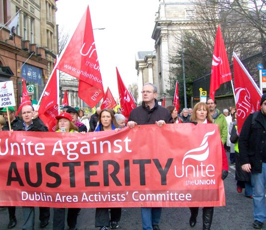 Unite banner on the 100,000-strong demonstration in Dublin on February 9th against the government’s austerity