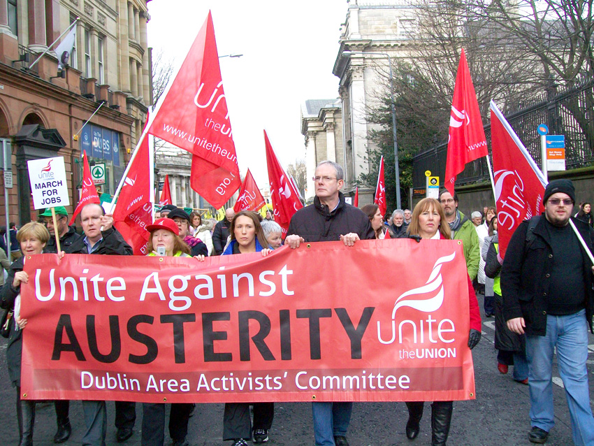 Unite banner on the 100,000-strong demonstration in Dublin on February 9th against the government’s austerity