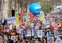 Teachers marching on the pensions strike in November 2011. This year the two largest teachers unions are to take joint strike action