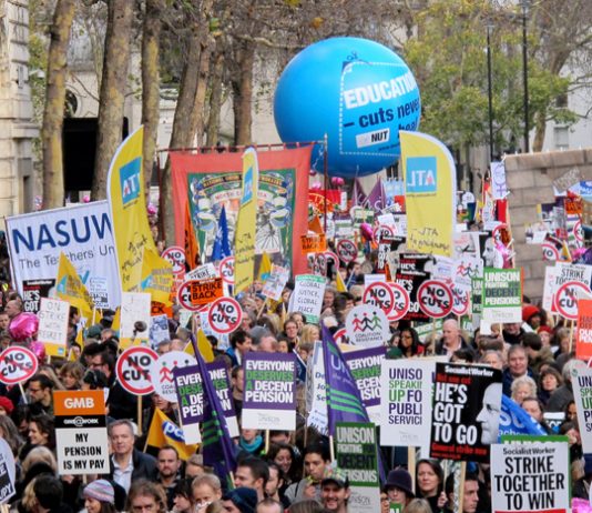Teachers marching on the pensions strike in November 2011. This year the two largest teachers unions are to take joint strike action