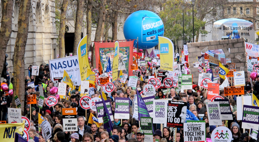 Teachers marching on the pensions strike in November 2011. This year the two largest teachers unions are to take joint strike action