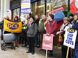 A strong picket line outside the HMRC Tax Office on Prince of Wales Road, Norwich