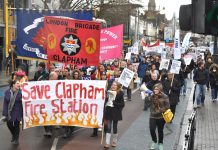 Firefighters and their supporters marching in Clapham last Saturday against the closure of the fire station
