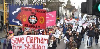 Firefighters and their supporters marching in Clapham last Saturday against the closure of the fire station