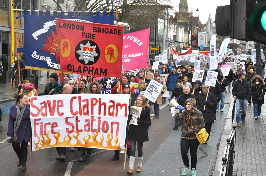 Firefighters and their supporters marching in Clapham last Saturday against the closure of the fire station