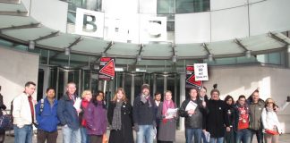 NUJ members on the picket line during their strike at the BBC in Great Portland Street last month