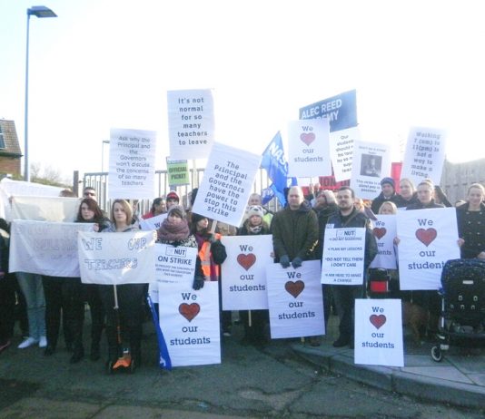 Picket line of parents, teachers and pupils at the Alec Reed Academy in Northolt, during their strike over bullying and harassment