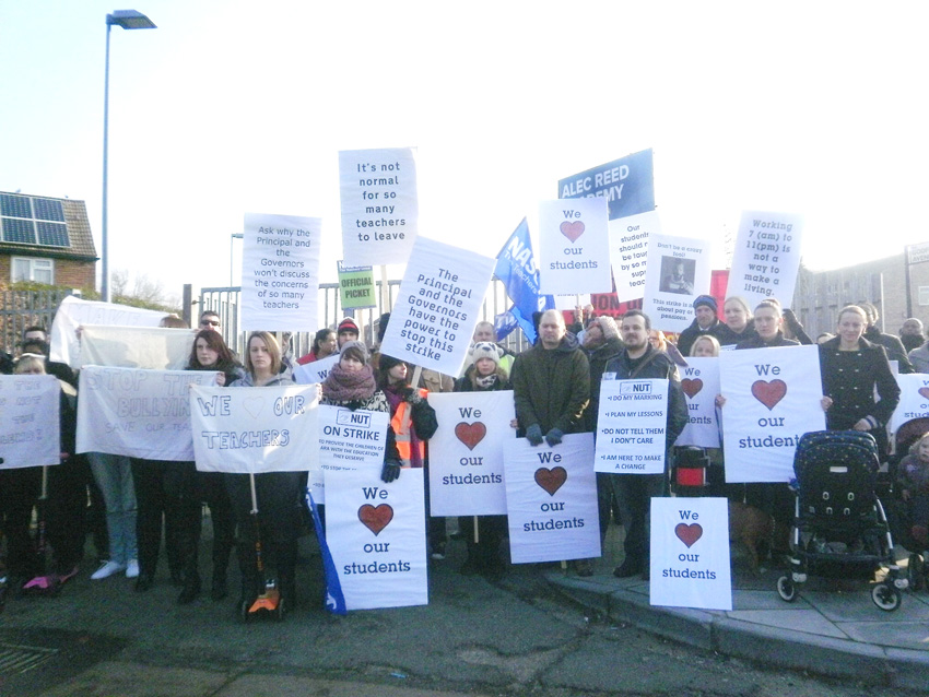 Picket line of parents, teachers and pupils at the Alec Reed Academy in Northolt, during their strike over bullying and harassment