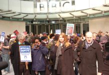NUJ general secretary Michelle Stanistreet (second from right), and BECTU general secretary GERRY MORRISSEY (right) outside Broadcasting House with BBC journalists and technicians at noon yesterday at the beginning of a 12-hour national strike