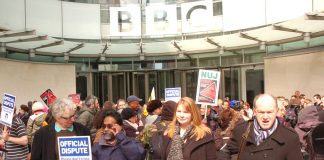 NUJ general secretary Michelle Stanistreet (second from right), and BECTU general secretary GERRY MORRISSEY (right) outside Broadcasting House with BBC journalists and technicians at noon yesterday at the beginning of a 12-hour national strike