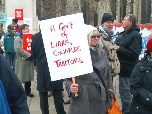 A protester on last Tuesday’s lobby of Parliament against NHS privatisation Photo credit BETA LUCIANO