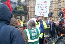 Demonstrators outside parliament last Tuesday demanding no sell-off of the NHS Photo credit: BETA LUCIANO