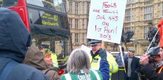 Demonstrators outside parliament last Tuesday demanding no sell-off of the NHS Photo credit: BETA LUCIANO