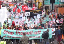 The front of the demonstration on March 16 against the sell-off of the Whittington hospital in north London