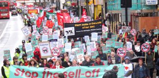 The front of the demonstration on March 16 against the sell-off of the Whittington hospital in north London